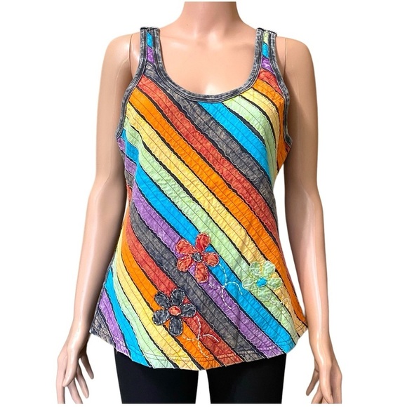 Karma Circle Rainbow Tie Dye Patchwork Tank Top Floral Size Large - Picture 1 of 9